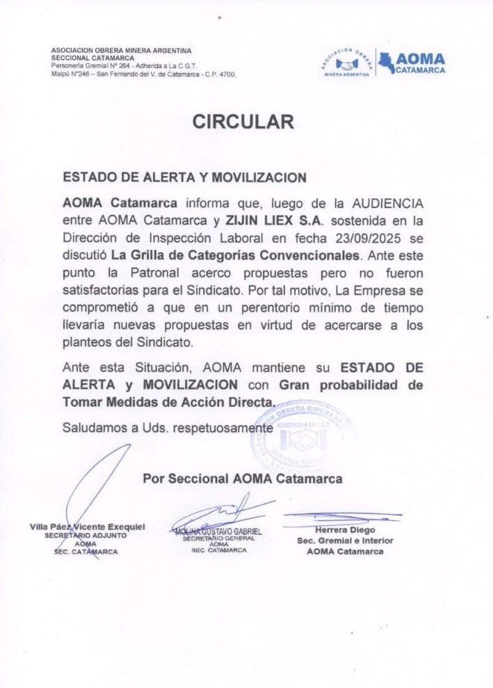 Trabajadores de Zijin-Liex en estado de alerta y posible movilización